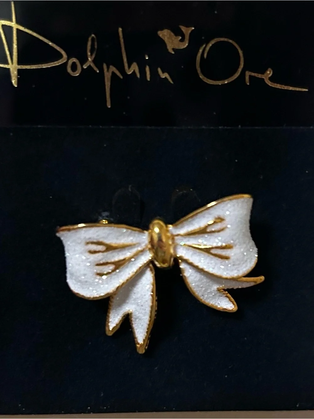 White Enamel Bow Broach with Gold Trim